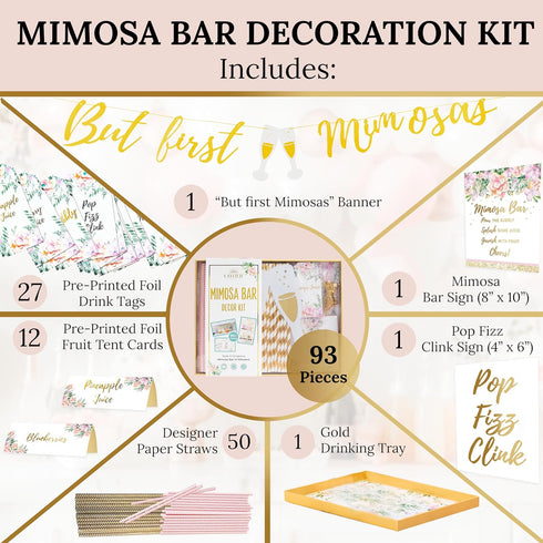 Deluxe Mimosa Bar Supplies Decoration Kit - 93Pcs Drink Tray, Mimosa Bar Sign, But First Mimosas Banner & More - Bridal
