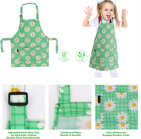 BeeGreen Kids Cooking Aprons with Adjustable Strap, Front Pocket Kitchen Aprons for Toddler Painting & Baking