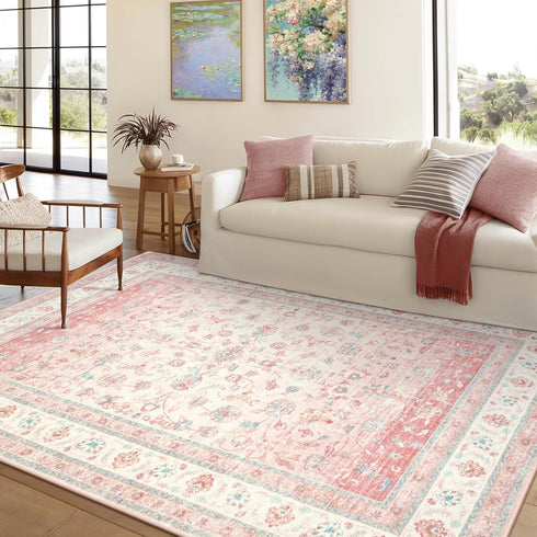 LIVEBOX Pink Area Rug 5x7, Washable Living Room Rug, Pink Rugs for