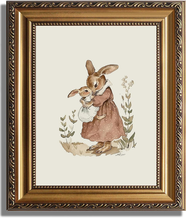 ASTRDECOR Gold Framed Canvas Wall Art, Vintage Bunny Mom and Baby Rabbit