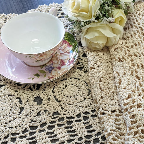 15.7"x59" USTIDE Handmade Crochet Lace Table Runners Beige Cotton Doilies for Coffee Table Dresser End Table