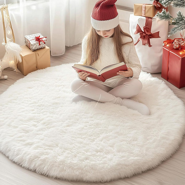 Xexsin Round Fluffy Rugs 4Ft for Girls Bedroom, Cream White Shag Circle