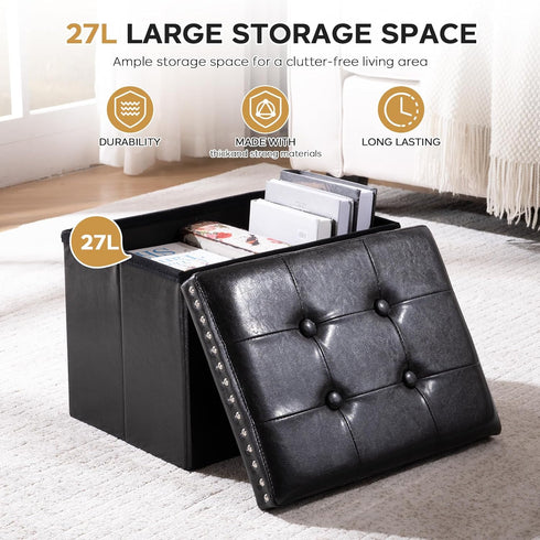 16x12x12 oakvivo Small Storage Ottoman Foot Rest Stool, in Foldable Leather Footstool Storage Bench with Rivet Design