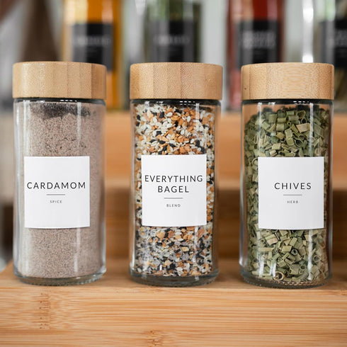 24PK Set 4oz, 374 SAVVY & SORTED Glass Spice Jars with Label, Round Bamboo Jar Spices Spice Labels, Pepper Grinder