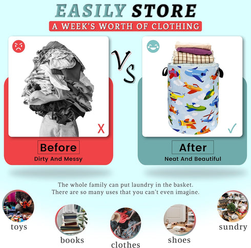 SELIONLIKN 18.9" 16.5" Cartoon Plane Laundry Hamper Foldable With Handles Colorful Tote Bag Universal Oxford Cloth