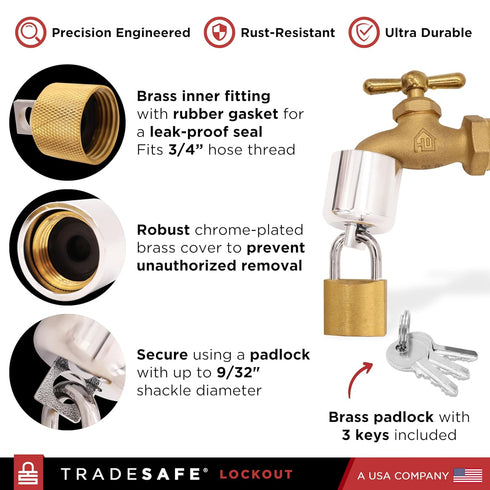 3/4-Inch 3 TRADESAFE Water Spigot Lock - Hose Bib Lock with Keyed Padlock, Fits Garden Hose Thread, Prevents Water