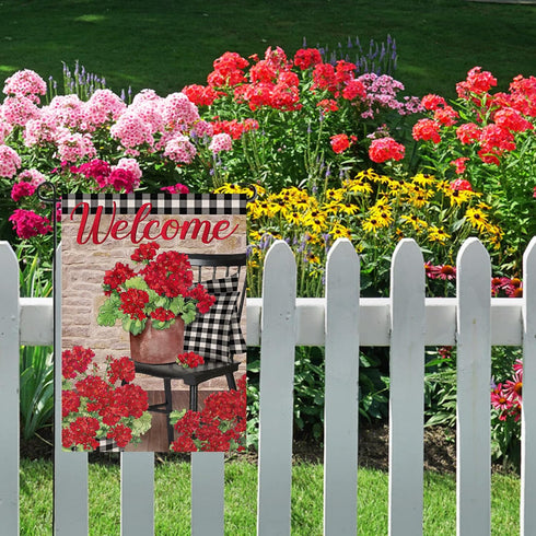 Welcome Spring Geranium Red Flower Decorative Garden Flag, 12x18, Black White Buffalo Plaid for Outdoor Decor