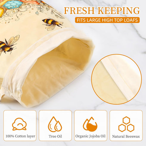 Ronxzas 2 Pack Beeswax Bread Bags for Homemade Sourdough, Reusable Natural Cotton Large Bees Wax Bag Food Storage Bags