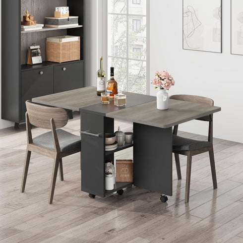 2 Set 4, Space Saving Folding Dining Table with Tier Storage-Extendable Drop Leaf Farmhouse Wood Kitchen Dining Room