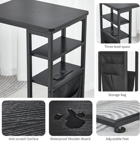 28"(H) 3-Tier C Shaped End Table with Charging Station, C Table with Storage Bag, Under Couch Table C-Shaped End Table