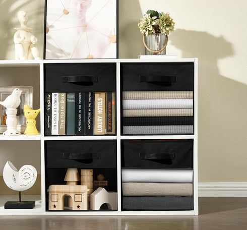DECOMOMO Storage Baskets for Shelves - 13x15x13 Storage Cube Bins with Clear Window (Kallax / 4pcs, Black)