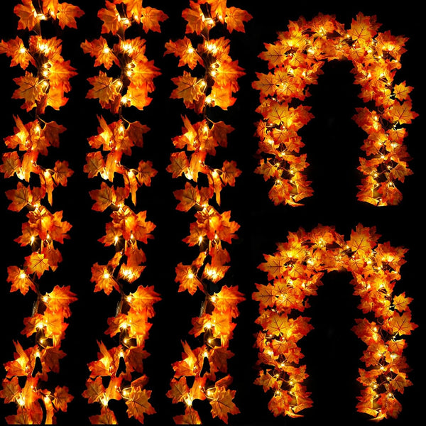 5 Pack Fall Decor Garland with Lights, 50 Ft 100 LED Enlarged Maple Leaves, Waterproof Battery Operated Indoor Outdoor