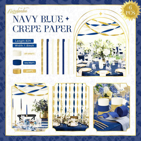 NICROLANDEE Navy Blue Party Decorations - 6 Rolls of Navy Blue Gold Ivory Crepe Paper Streamers for Wedding Birthday