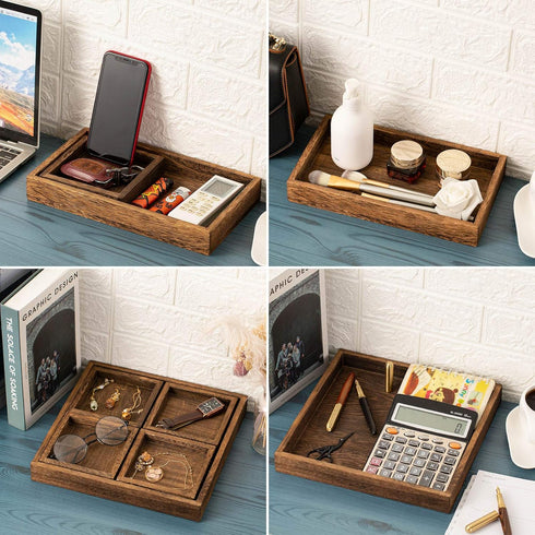 Set 7 Yangbaga Rustic Wooden Serving Trays with Handle - of Rectangular Platters for Entertaining, Breakfast, Coffee