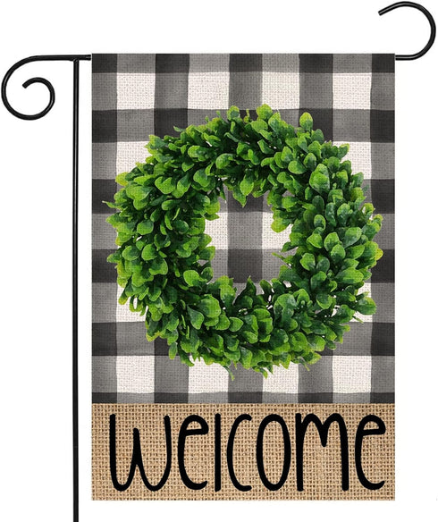 Welcome Summer Garden Flag for Outside - Buffalo Plaid Boxwood Wreath Small Yard Flag, 12x18 Double Sided