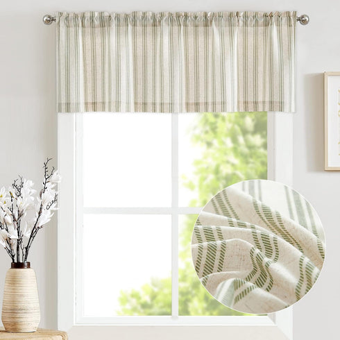jinchan Striped Valance Window Treatment Linen Valance for Windows Small Window Valance Farmhouse Valance Curtain Light Filtering Valance Flax Valance 16 Inch Length Rod Pocket 1 Panel Green on Beige