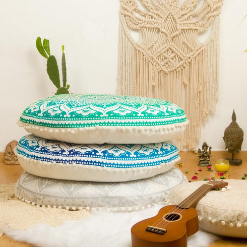 Bohemian Round Floor Cushion Cover for Yoga and Meditation - Handcrafted Organic Cotton Pouf