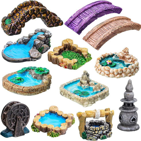 Woodpile Pool Miniature Fairy Garden Accessories,Miniature Pond Lawn Garden Ornament Figurines, Mini Lighthouse Water Well Bridge Figurines, Micro Landscape Ornaments for Garden DIY Kit