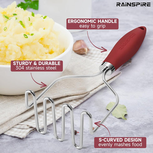 Rainspire Potato Masher Stainless Steel, Mashed Potato Masher Kitchen Tool, Durable Mash Potatoes Masher, Soft Non-slip