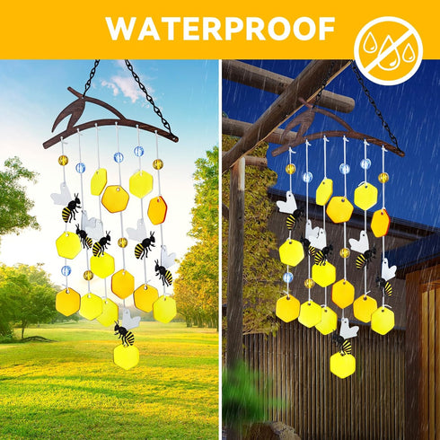 X-PREK 23" Bees Wind Chimes for Outside, Unique Stained Glass Garden Decor, Windchimes Outdoors Suncatcher Gift for
