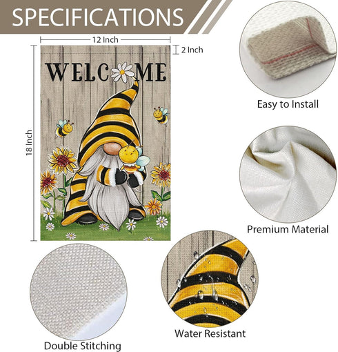 Welcome Summer Gnome Garden Flag, Spring Summer Bee Sunflower 12x18 Double Sided Burlap House Flag