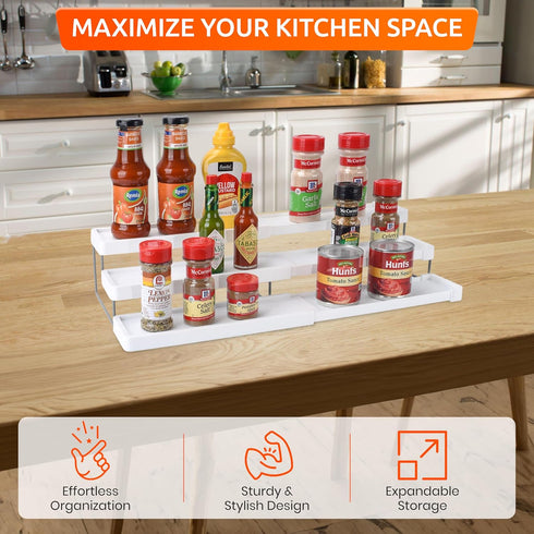 3 Tier Spice Rack Organizer, Expandable 3-Level Seasoning Organization for Cabinet, Adjustable Length
