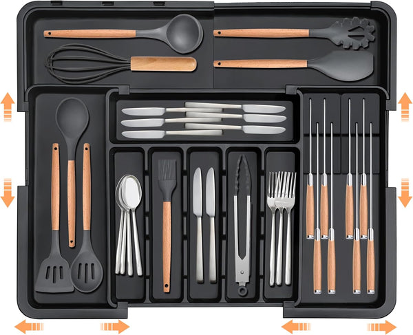 Homecor Silverware Organizer, Expandable Large Kitchen Drawer Organizer with 2 Removable Knife Blocks, Black