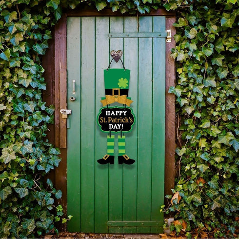 Festive Multicolor St. Patrick's Day Leprechaun Triple Sign - 19"x 8.5" - MDF Wall Decor with Glitter and Ribbon Hanger