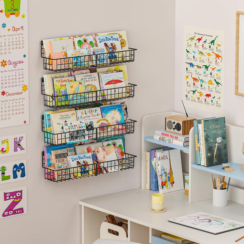 X-cosrack 24 Inch Set 4 Wall Mounted Kids Bookshelf, Floating Metal Book Shelves for Kids Nursery Toddler Classroom