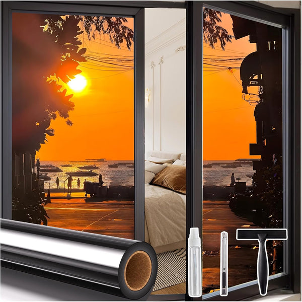 One Way Window Privacy Film, Reflective Tint for Home, Sun Blocking Anti-UV Clings with 3 Tools