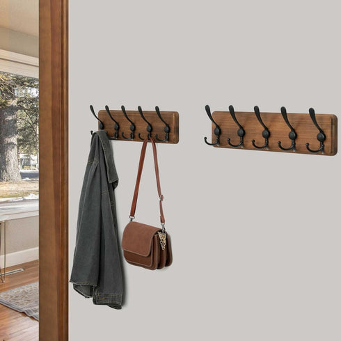 WEBI Rustic Coat Rack Wall Mount, Solid Wood Coat Hooks, 16" Hole to Hole, 5 Triple Hooks for Hanging Coats