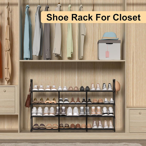 DYJIEKAI 3 4 24-30 Closet,Wide Row Tier Long Shoe Rack, Black Metal Stackable Shoe Shelf with Multifunctional Hooks