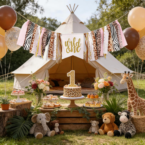 LINGANA 1st Wild One High Chair Banner - Cheetah Birthday Decorations,Wild Animal Print Fabric Banner,First Cheetah