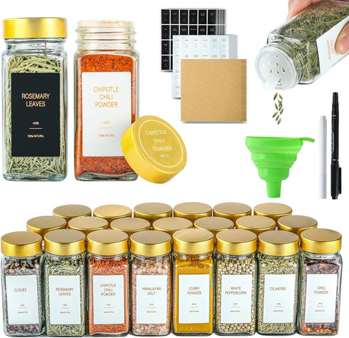TESUNMU Gold Spice Jars with Label4oz Seasoning Containers, Glass Spice Bottles with Shaker