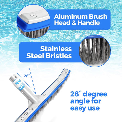 440 18-inch Heavy Duty Pool Brush - Extra-Wide Metal Brush Head with Stainless Steel Wire Bristles & Curved Edges