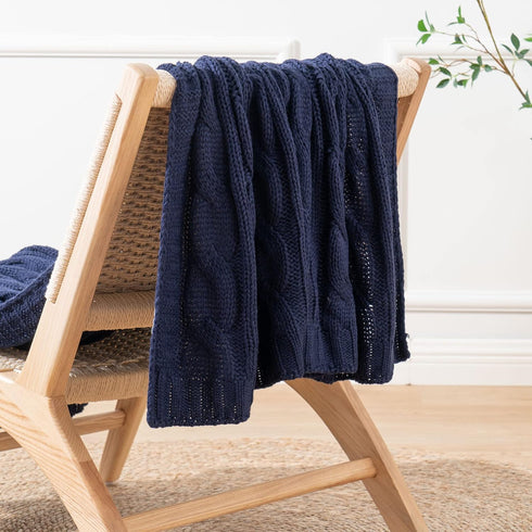Battilo Navy Cable Knit Throw Blanket, Super Soft Cozy Decorative Knitted Blanket for Couch, Bed, Sofa, Chair 50"x60"