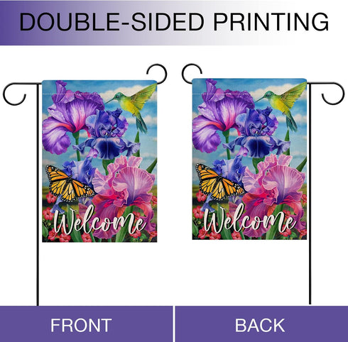 Welcome Spring Hummingbird Iris Garden Flag, Double Sided Purple Flower Bird Yellow Butterfly Outdoor Decor, 12x18