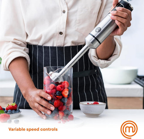 MasterChef Immersion Blender Handheld with Electric Whisk & Milk Frother Attachments, Stainless Steel Stick Emulsifier