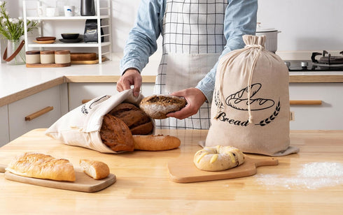 2 Pack 17" 13" Linen Bread Bags for Homemade Bread - Plastic Lined - Reusable Linen Sourdough Bread Storage Bags