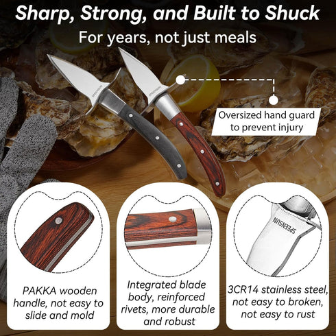 Oyster Shucking Knife Set, 2 Sturdy Sharp Oyster Knives with Comfort Wood Handle and Cut-Resistant Gloves (L)