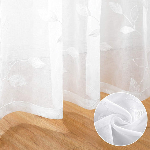 HOMEIDEAS White Sheer Curtains, 52 x 63 Inches, 2 Panels Embroidered Leaf Pattern Faux Linen for Windows