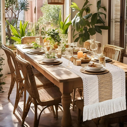 48 inches Boho Table Runner Short Long, Spring Coffee Table Cover, Brown Woven Macrame Dresser Runner Cover Top