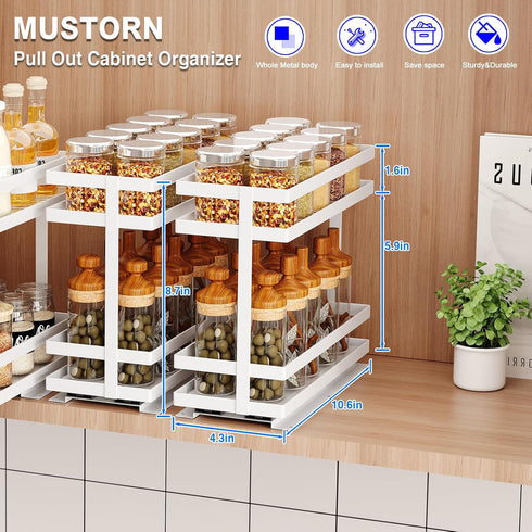 2 Pack 2 Mustorn Pull Out Spice Rack Organizer for Cabinet, Tier Metal Slide Out Seasoning Organizer and Storage Heavy