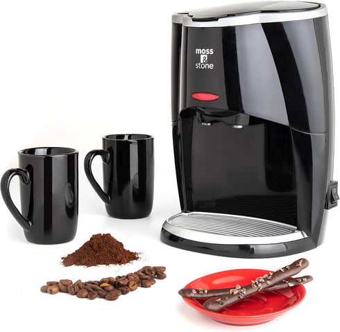 Moss & Stone Mini Drip Coffee Maker with 5 oz Mugs, Small Coffee Pot with 2 Coffee Cups