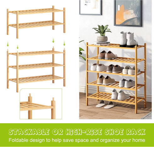 5-Tier Closet BMOSU Bamboo Shoe Rack Premium Stackable Shoe Shelf Storage Organizer for Hallway Living Room Entryway