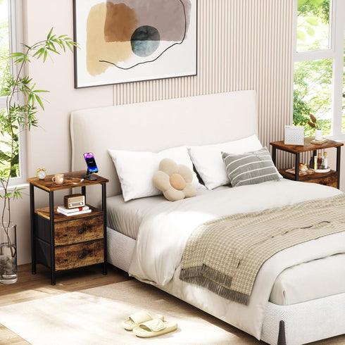 2 HETS002BR-1 LOAKEKEL Night Stand, Nightstand with Fabric Drawers for Bedroom, Small End Table with Open Storage