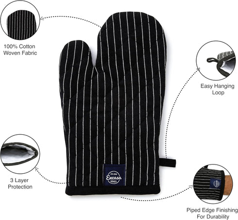 Encasa Homes Long Oven Mitts, 12" Heat Resistant Gloves (2 pc Set) for Kitchen Cooking & Baking - Butcher Stripes Black