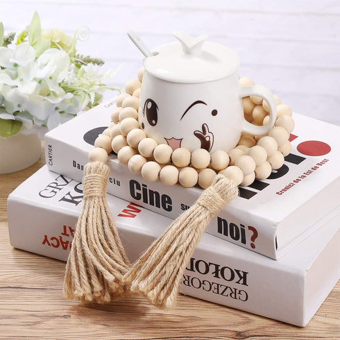 Garneck 63in Rustic Country Wood Bead Tassel, Farmhouse Wall Hanging Prayer Beads for Home Christmas Decoration