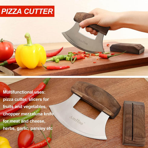 AmHoo Pizza Cutter Chef Mezzaluna Ulu Knife Handle Walnut Wood Grip Sharp Rocker Slicer Stainless Steel Blade Salad