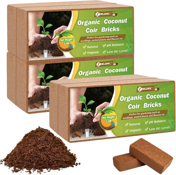 ZeeDix 6 Pcs Organic Coconut Coir Brick, 100% Compressed Coco Coir for Gardening, Low EC and pH Balance